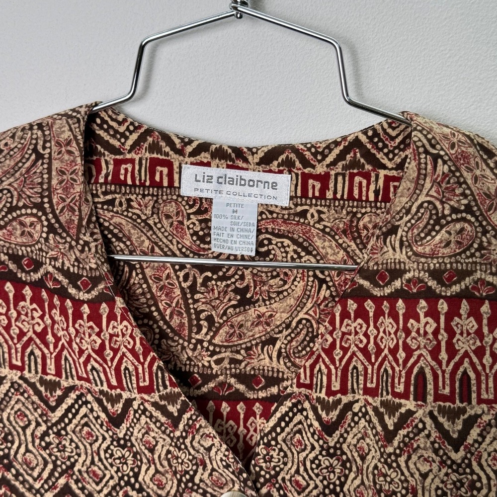 Liz Claiborne Petite Collection Silk Paisley Print Button Up Shirt Blouse Top M